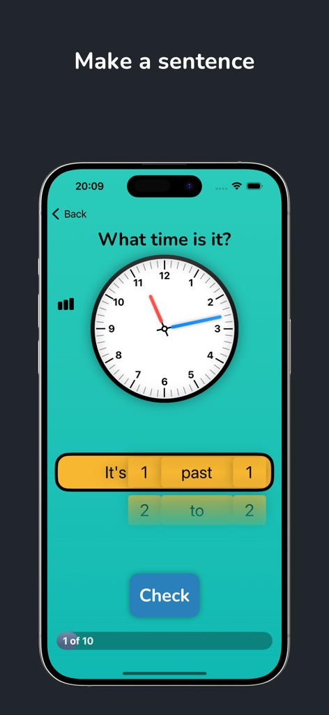 Kloklezen - A mobile app screen titled Make a sentence showing an analog clock and interactive word blocks for kids to practice telling time.