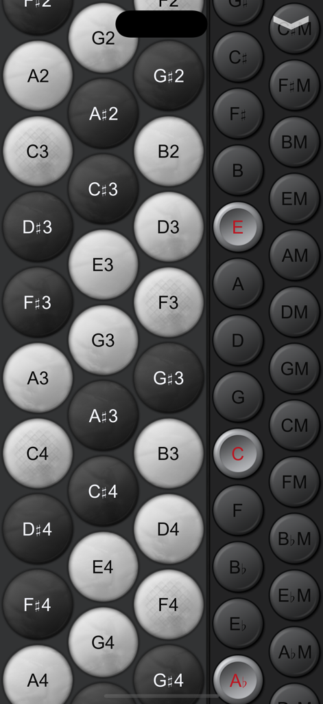 Button Accordion - Close-up do teclado virtual de acordeão cromático de botões com botões de notas e acordes