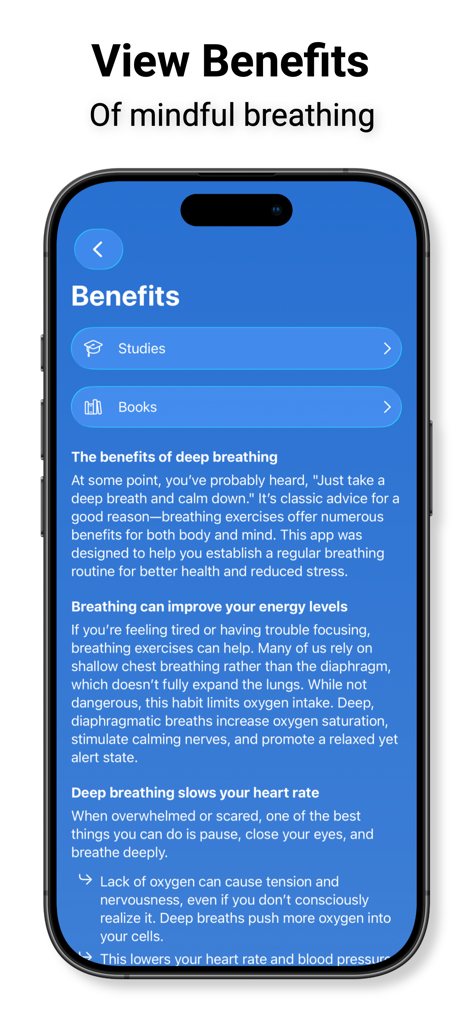 Une capture d'écran de l'application iBreathe montrant un écran intitulé Avantages de la respiration consciente avec des sections sur l'amélioration des niveaux d'énergie et la réduction du rythme cardiaque