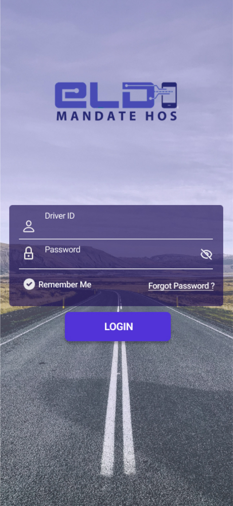 ELDMandate HOS app login screen with fields for driver ID and password over a highway background