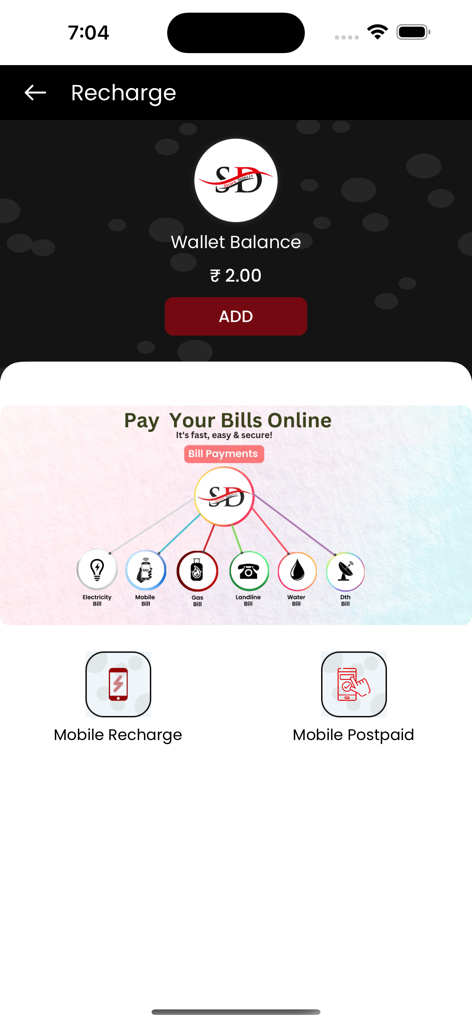 Panel de la aplicación móvil SDPay para pagos de facturas en línea y recargas móviles que muestra el saldo de la billetera y las categorías de servicio