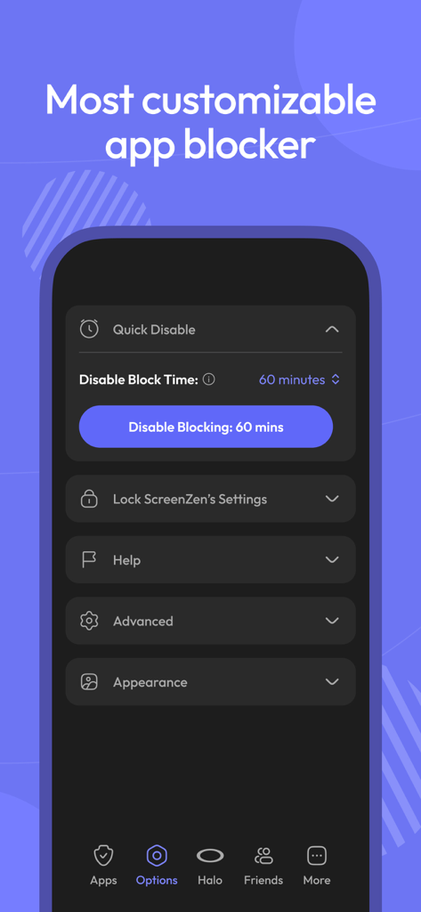 ScreenZen app interface showing customizable settings for app blocking and quick disable options.