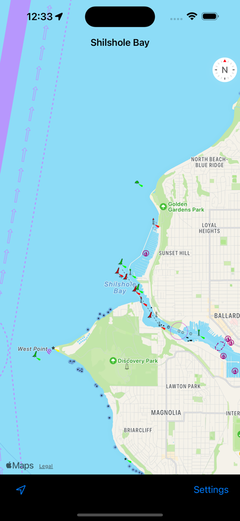 Nautical chart interface showing coastal markers and maritime data for Shilshole Bay.