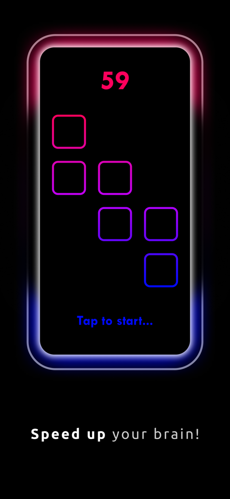 Reaction Time - Reflex Game - Neon reflex training game interface with glowing squares and brain speed slogan