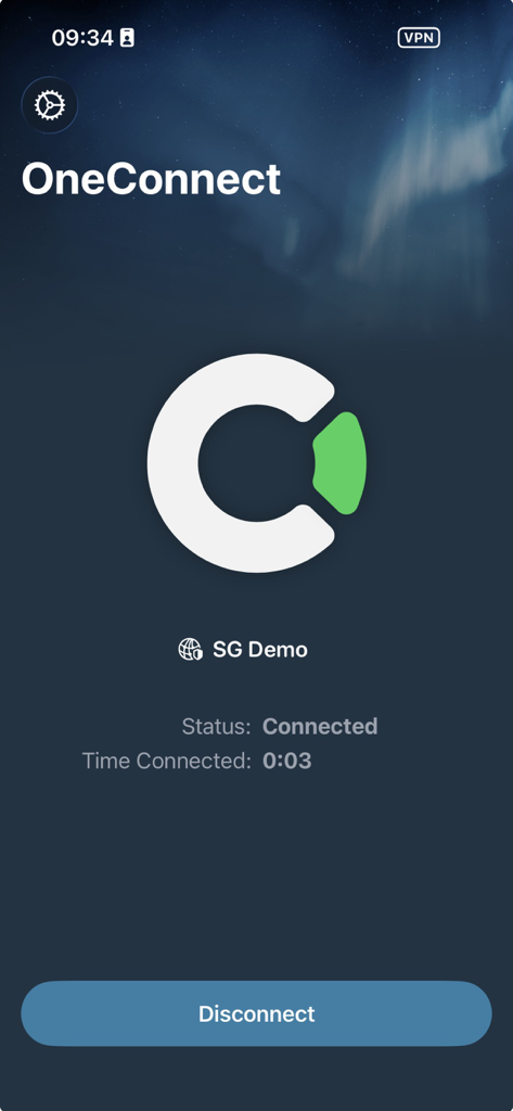 Clavister OneConnect - Interfaz de la aplicación móvil Clavister OneConnect mostrando un estado de conexión VPN exitoso con un botón de desconexión.