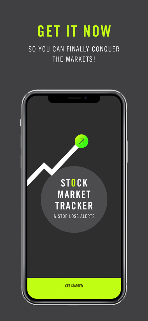 Splash screen of Stock Market Tracker and Stop Loss Alerts app on an iPhone with a get started button.