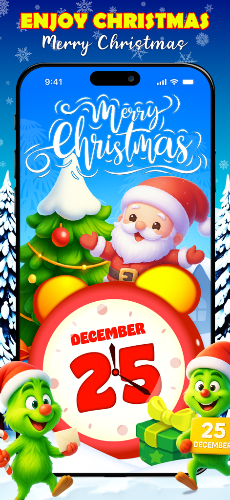 Mobile screen showing a festive Christmas countdown clock for December 25 with Santa Claus and cartoon characters