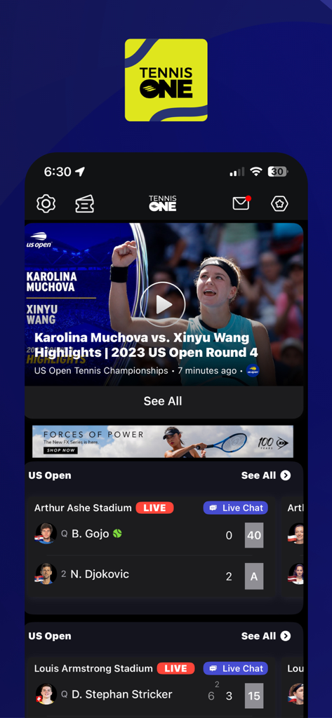 Aplicación móvil TennisONE mostrando puntuaciones en vivo del US Open y lo más destacado del partido