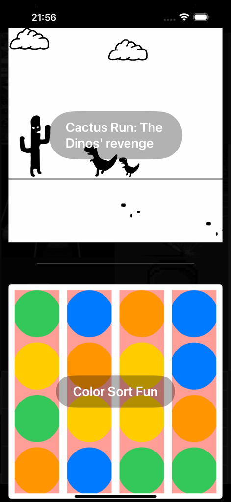 20 Mini Games: Watch & Phone - Interface of Cactus Run and Color Sort Fun mini games on a mobile device