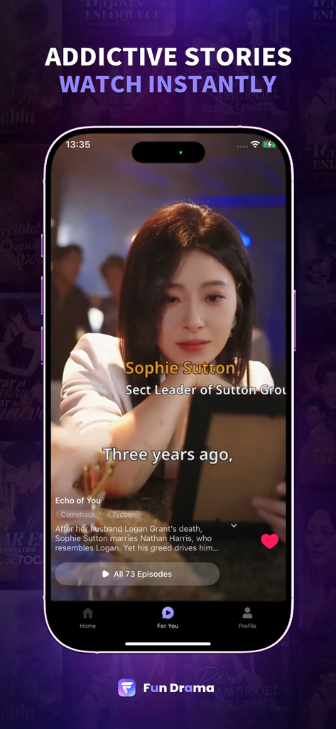 Fun Drama - Interfaz de la aplicación Fun Drama mostrando una historia corta de video romántico en un dispositivo móvil con subtítulos