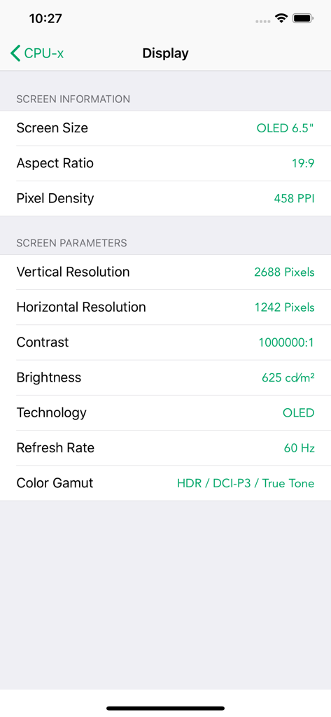 CPU-x Dasher z Battery life - Technical specifications of a mobile phone screen including resolution and pixel density displayed in the CPU-x app.