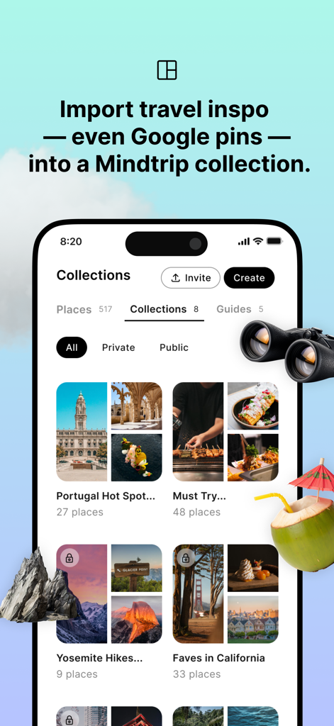 A screen from the Mindtrip app displaying travel collections for Portugal, Yosemite, and California with an import feature.