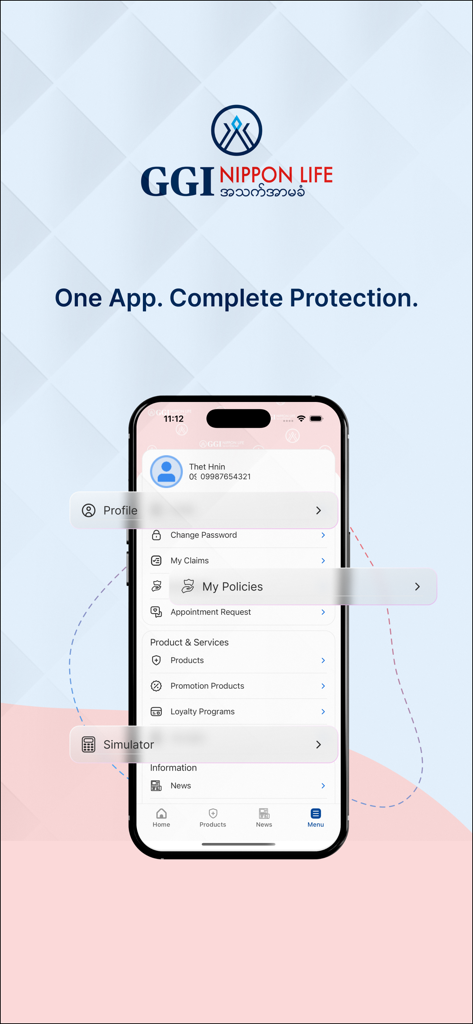 GGI Nippon Life - Interfaz de la aplicación móvil GGI Nippon Life que muestra el menú principal para la gestión de pólizas de seguros y solicitudes de citas