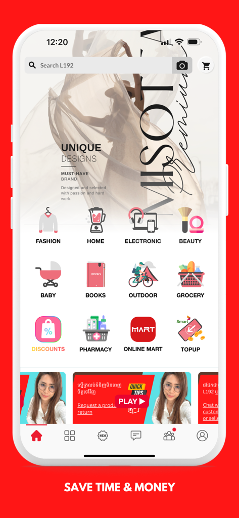 L192 Online-Shopping-App-Oberfläche mit Produktkategorien wie Mode, Elektronik und Lebensmitteln