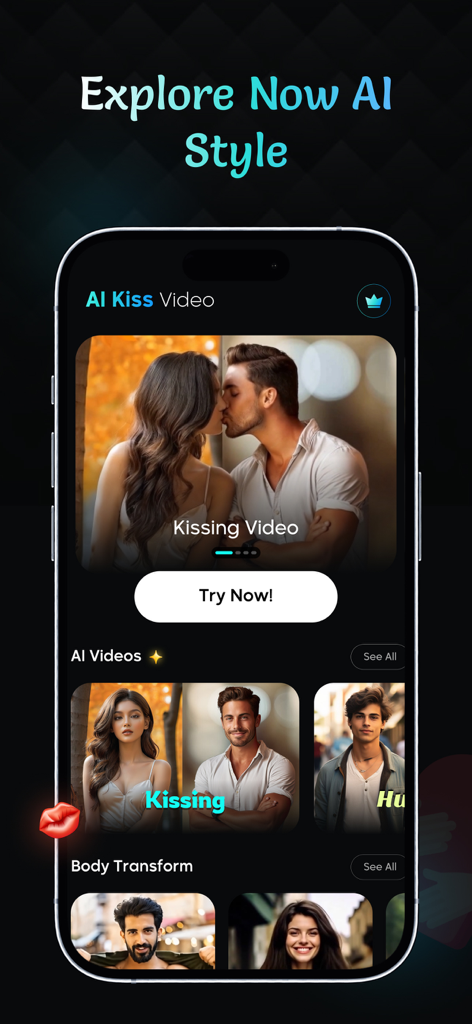 AI Kiss Video Maker : AI Hug - AI Kiss Video Maker app interface showing options to create kissing and hugging videos