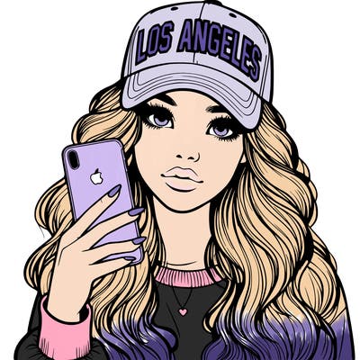 realistic beautiful girl wearing los ángeles cap holding an iphone