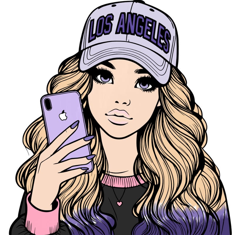 realistic beautiful girl wearing los ángeles cap holding an iphone