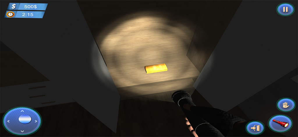 Sneak Robbery: Thief Simulator - Gameplay em primeira pessoa de um ladrão encontrando uma barra de ouro com uma lanterna em Sneak Robbery Thief Simulator