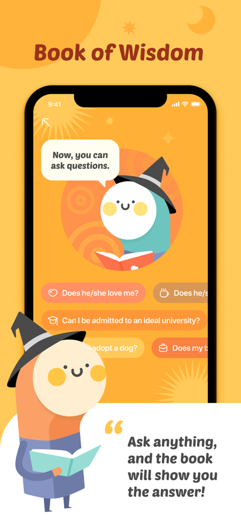 Face Seer -Time Traces - Interface de la fonction Livre de la sagesse de l'application Face Seer montrant des exemples de questions et un personnage de sorcier cartoon.
