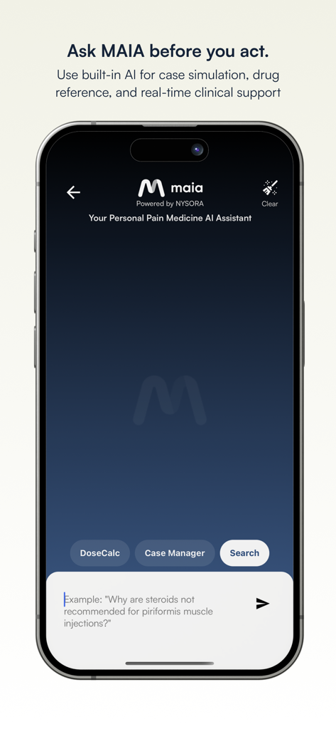NYSORA Pain Medicine Assistant - MAIA medical AI assistant interface for clinical support and case simulation in the NYSORA app