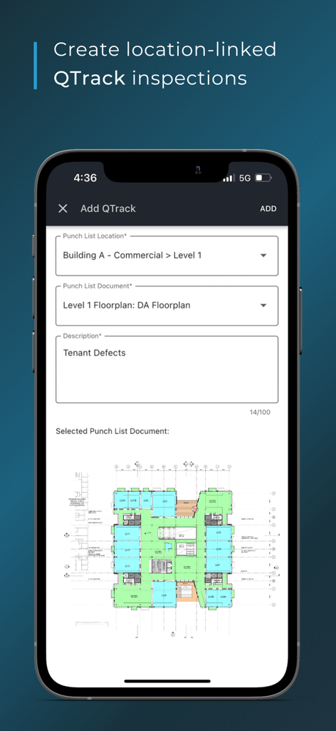 Simpel - Interface of the Simpel app showing the creation of a location-linked QTrack inspection on a building floorplan