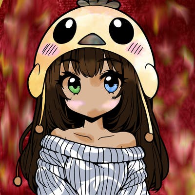 anime girl with chick shaped hat with sweater with bare shoulders with bangs covering them one eye with low tail