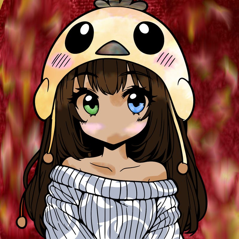 anime girl with chick shaped hat with sweater with bare shoulders with bangs covering them one eye with low tail