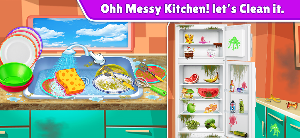 Baby Girl Home Cleaning - Una pantalla de juego móvil para niños que muestra una cocina desordenada con platos sucios en un fregadero y un refrigerador manchado para limpiar.
