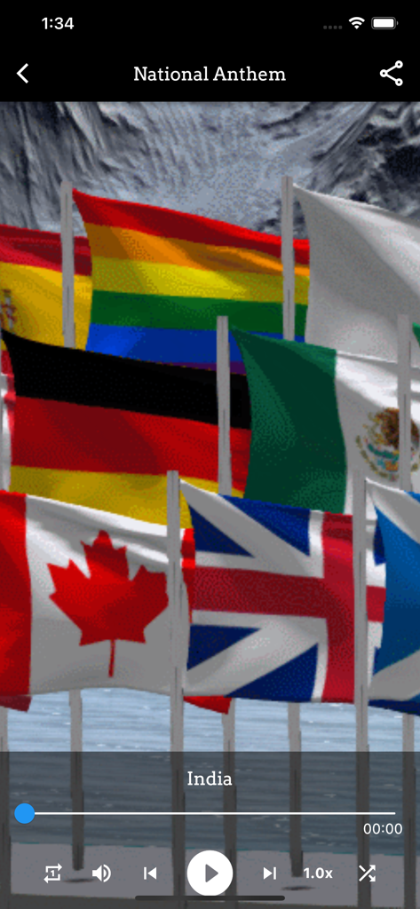 National Anthem Songs - Mobile app interface playing the Indian national anthem with a background of world flags including Canada and the UK.
