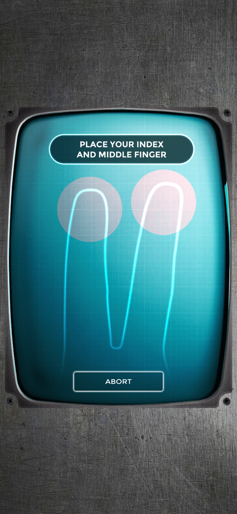 The interface of the Lie Detector Truth Test app showing two glowing circles for placing fingers to initiate a scan.