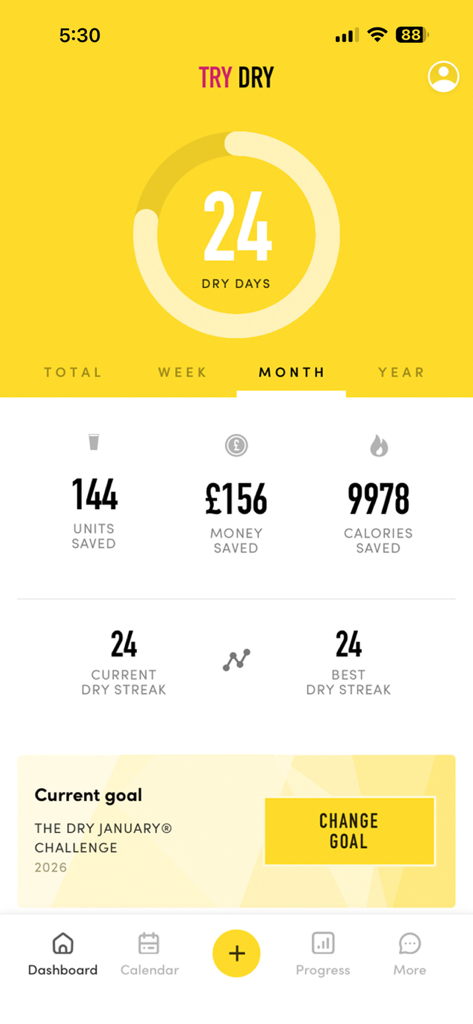 TRY DRY app dashboard showing 24 dry days and tracked health and financial metrics