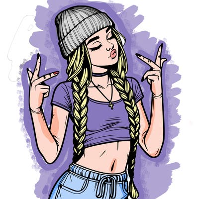 realistic teenage girl with braids and a beanie and crop top doing 🫶🏼