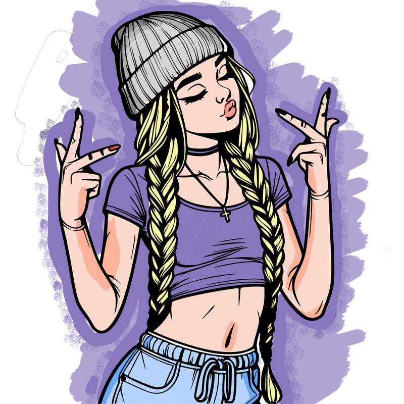 realistic teenage girl with braids and a beanie and crop top doing 🫶🏼