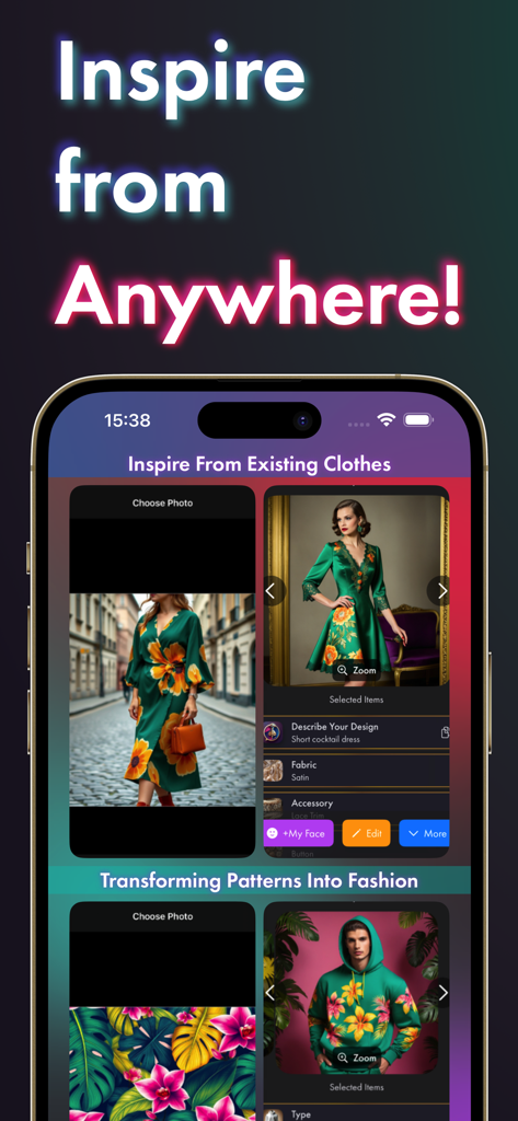 Fashion Mind: AI Designer - Interface of the Fashion Mind app showing AI fashion generation from photos and floral patterns