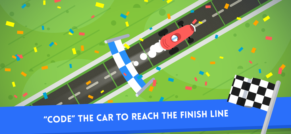 Un coche de carreras rojo cruzando una línea de meta a cuadros en un colorido juego de codificación para niños.