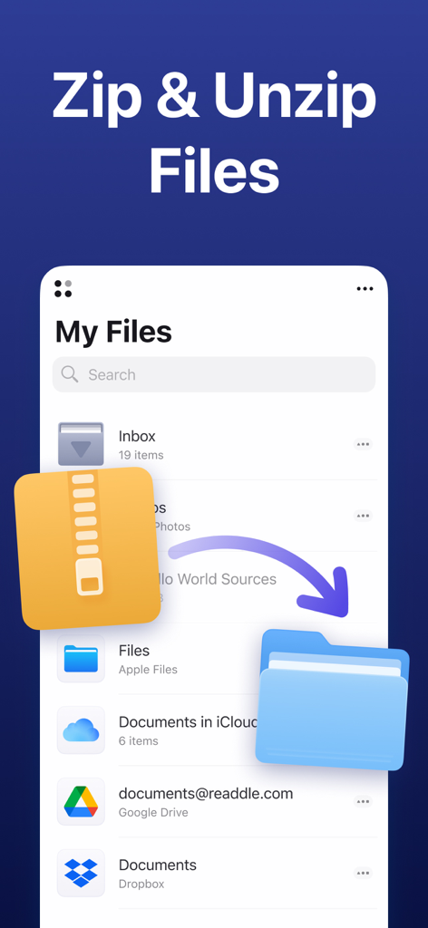Documents app interface demonstrating zip and unzip file management features