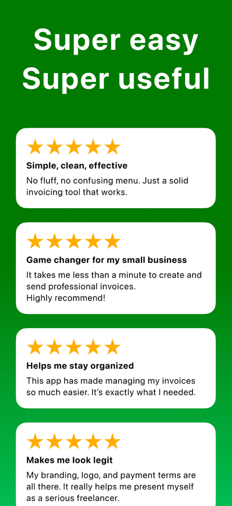 소규모 비즈니스 소유자를 위한 앱의 단순성과 전문적인 결과를 강조하는 송장 생성기의 별 5개 고객 리뷰 스크린샷.