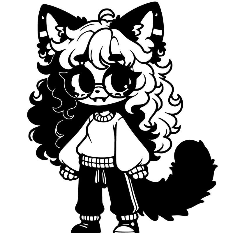 catgirl with fuzzy cat ears, curly hair, hair bun, striped hair, black eyes, sweater, fangs, fluffy black cat tail with red tip, glasses, fluffy long-haired cat tail, sweatpants