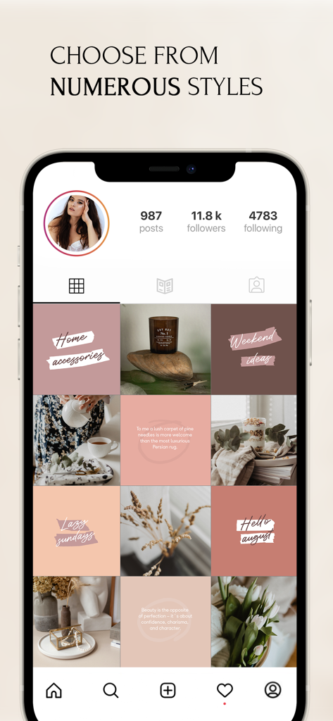 iPhone displaying a curated Instagram grid with aesthetic templates and lifestyle photos