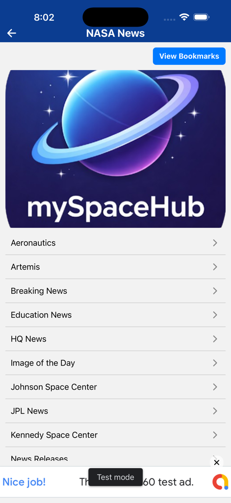 mySpaceHub - Interface of the mySpaceHub app displaying a menu for NASA news categories including Artemis Breaking News and Image of the Day