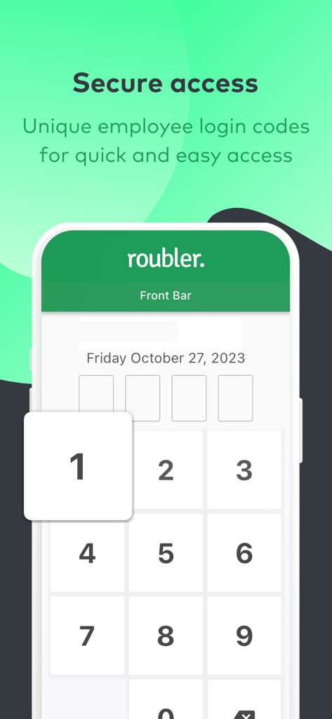 Roubler Clock - Secure employee login screen on the Roubler Clock app showing a numeric keypad for PIN entry