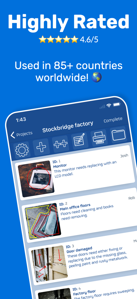 Snag List app interface showing a factory audit report with annotated photos and a 4.6 star rating.