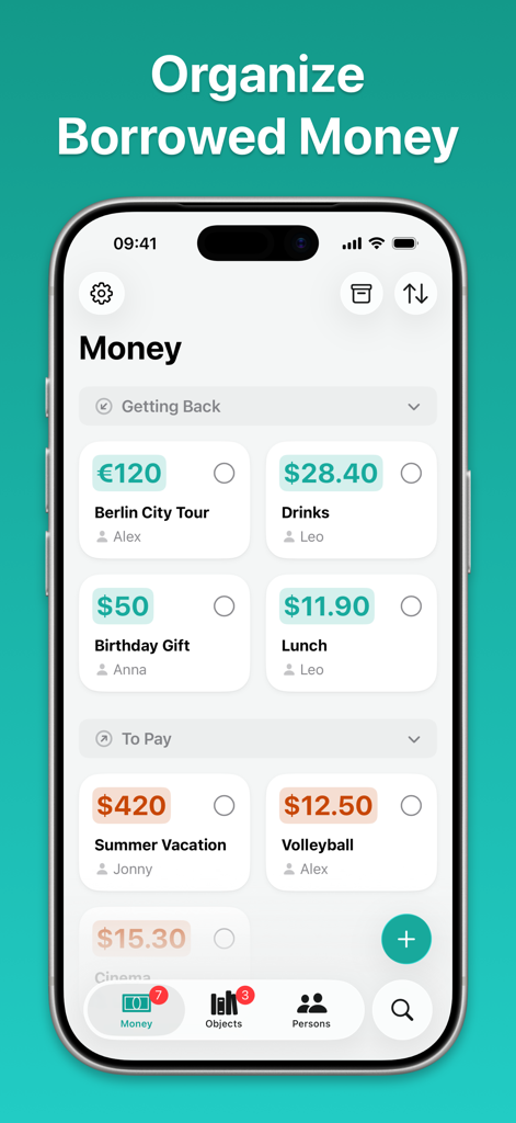 Keepfully – Loan Tracker - Keepfully app screen showing a dashboard for organizing borrowed and lent money with categories for Getting Back and To Pay.