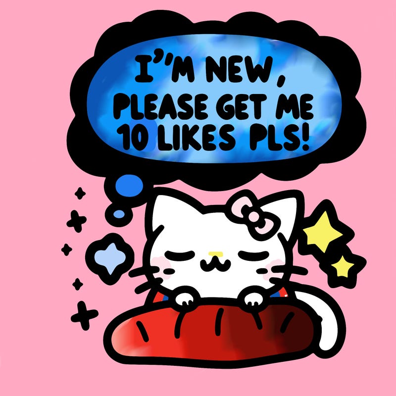 kitty taking a nap dream talking and saying "i'm new, please get me at least 10 likes pls!!"