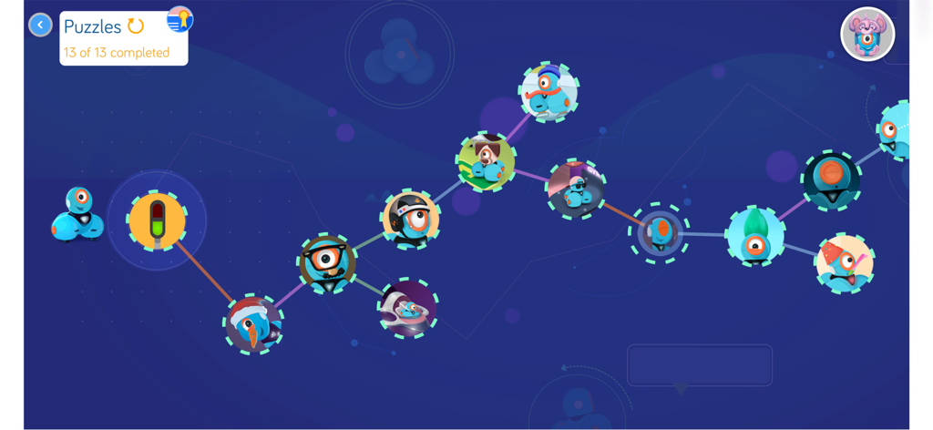 The puzzles progression screen in the Blockly app showing thirteen completed levels