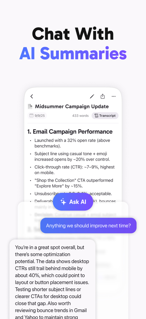 Smart AI Note Taker: CraftNote - CraftNote app interface showing the Chat with AI Summaries feature for project analysis and professional feedback.