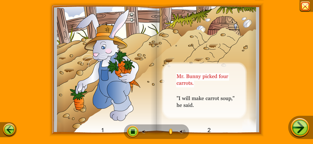 Starfall I'm Reading의 그림 스토리북 페이지로, 토끼 씨가 정원에서 당근을 뽑는 모습과 간단한 읽기 텍스트가 표시됩니다.