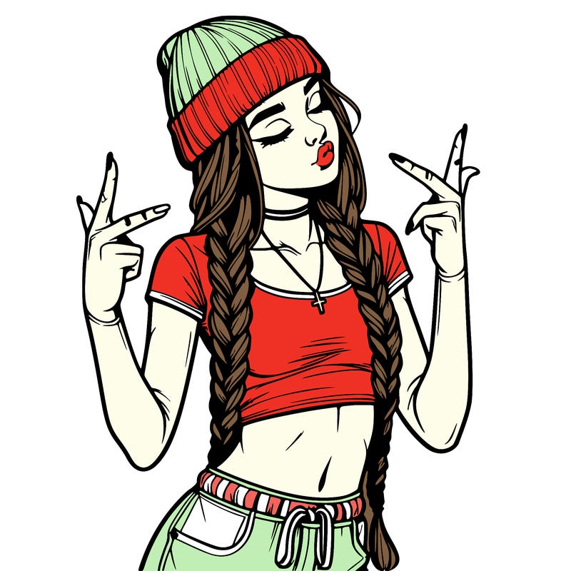 realistic teenage girl with braids and a beanie and crop top doing 🫶🏼