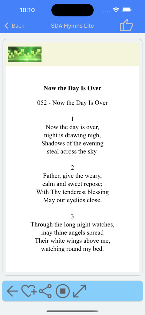 SDA Hymns Lite - SDA Hymns Lite app displaying lyrics for hymn 052 Now the Day Is Over