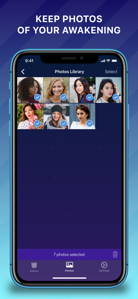 Smart Alarm Clock - Alarmer - Biblioteca de fotos do aplicativo Alarmer mostrando fotos salvas de despertar por reconhecimento facial
